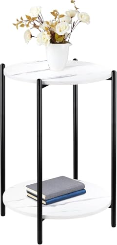 Faux Marble End Table White Black Side Table Marble Nightstand for Living Room or Bedroom Modern Accent Table with Black Metal Frame (1 pcs Black, Round) - color: 1 Pcs Black