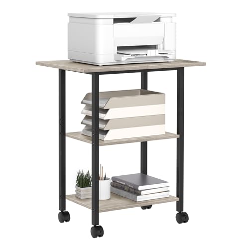 Lerliuo 3-Tier Printer Stand, Industrial Mobile Printer Table with Storage Shelf and Steel Frame, Rolling Printer Cart Holder with Lockable Wheels for Home, Office (Oak) | Oak Mobile Printer Cart Holder for Home Office, Lockable Wheels, Open Storage Shelf