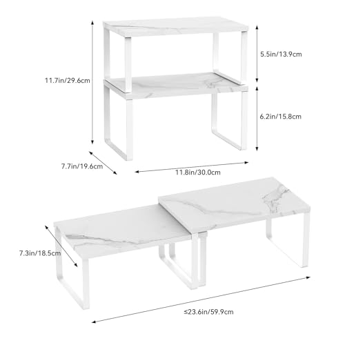 CADUKE Counter Shelf Set of 4 Kitchen Cabinet Shelf Organizer Stackable Expandable Countertop Shelf Organizer Spice Rack for Bathroom Pantry Racks,Metal and Engineered Wood, Marble White - color: Marble White