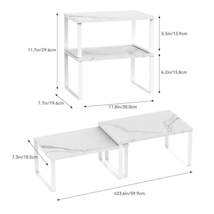 CADUKE Counter Shelf Set of 4 Kitchen Cabinet Shelf Organizer Stackable Expandable Countertop Shelf Organizer Spice Rack for Bathroom Pantry Racks,Metal and Engineered Wood, Marble White - color: Marble White