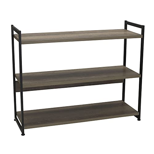 Household Essentials Wide 3‑Shelf Open Storage Bookshelf in Oak Rustic Wood Grain and White Metal Frame, Ashwood - color: Ashwood