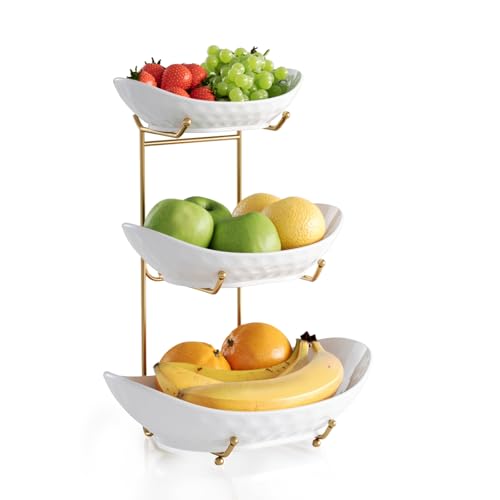 Fruit Bowl Basket for Kitchen Counter Ceramic Decrative Serving Bowl, 3 Tier kitchen Decor Organizers and Storage for Farmhouse Snack Breads Dessert Cake Tray for Party Wedding,Gold white - color: Gold&White