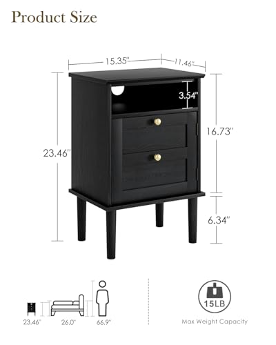 Nightstand, Boho Night Stand with 1 Drawers, Modern Side Accent Table with Open Shelf, Wooden Top Bedside End Table for Bedroom, Living Room, Black - color: Black