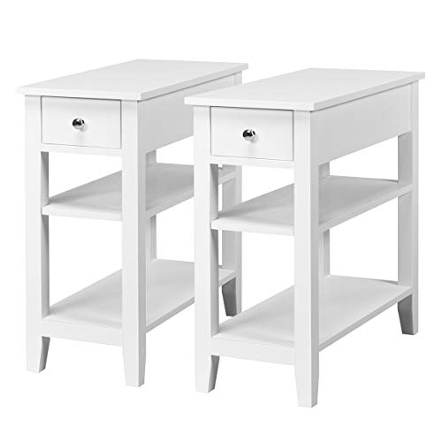 Giantex Narrow End Table Set of 2, Small Side Table with Drawer and Shelf, Wood Accent Sofa Table, Skinny Nightstand for Small Space Living Room Bedroom, White - color: White