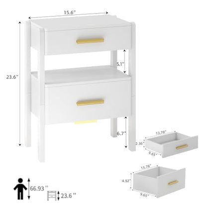 Nightstand with 2 Drawers and Open Shelf Wooden Bedside Table Gold Handles Modern Storage Night Stand Sensor Light for Bedroom, White - color: White