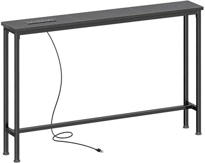 SUPERJARE 5.7 Inch Console Table with Outlet, Sofa Table, Behind Couch Table, 5.7 x 39.4 x 29.7 Inches, Metal Frame, Charging Station, for Living Room, Black - color: Black, size: 5.7''D x 39.4''W x 29.7''H