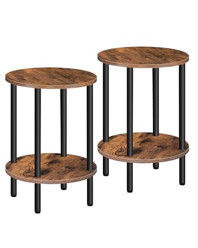 CHOEZON Side Table Set of 2, 2-Tier Round End Table, Small Nightstand with Sturdy Metal Tube, Industrial Coffee Table, for Living Room, Bedroom, Rustic Brown and Black TBZ01P2BF - color: Rustic Brown + Black