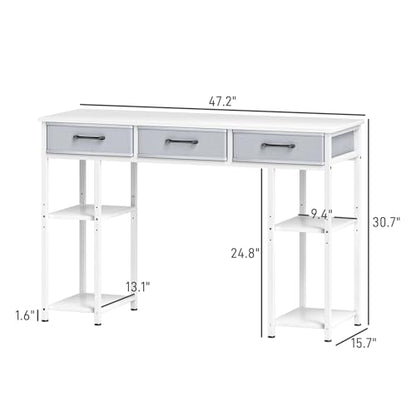 HOMCOM 47" Computer Desk with 3 Fabric Drawers, Home Office Desk with Adjustable Shelves, Small Writing Desk with Storage, White