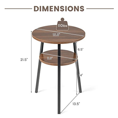 Giantex Round End Table Set of 2, Retro Bedside Table with Open Storage Shelf & Sturdy Triangular Metal Frame, Versatile Accent Table for Bedroom, Living Room & Study, Easy Assembly (2, Walnut)