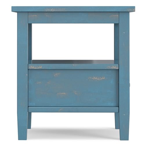 SIMPLIHOME Warm Shaker End Table - 20" Wide x 20" High Solid Wood Square Accent Table in Distressed Coastal Blue, Transitional Side Table for Living Room with Drawer, Open Shelf and Tapered Legs - color: Distressed Coastal Blue, size: 20 inch, style: End