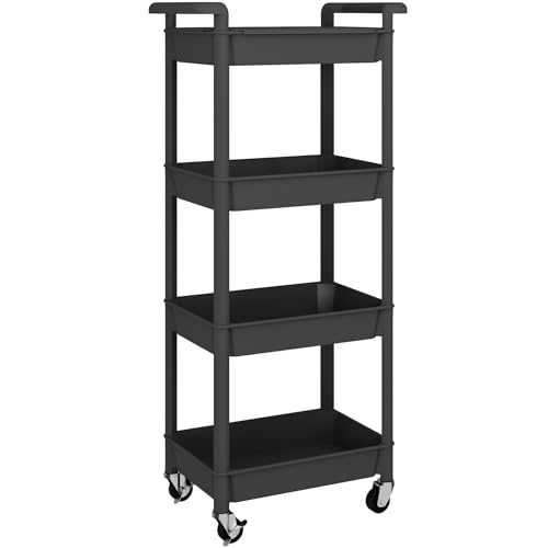 MIOCASA 4-Tier Utility Rolling Cart with Detachable Tray Top, Kitchen Storage Organization, Art Cart with Wheels for Office, Classroom, Livingroom, Kitchen, Bathroom, Black, Plastic - size: 4-Tier, style: Black