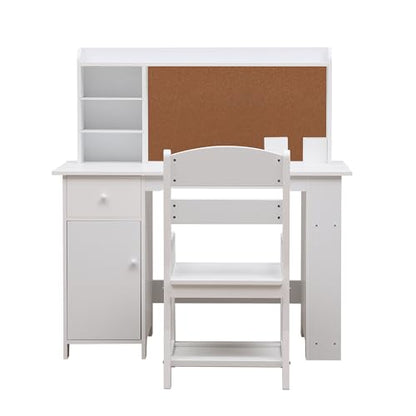 Garvee Kids Desk, Study Desk and Chair Set for Boys and Girl, Wooden Kids Writing Table with Bookshelf, Bulletin Board, Cabinet and Drawer for Ages 3-8, White - color: Pure White, style: 1 Cabinets+1 Drawer