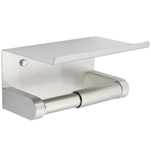 Alise Toilet Paper Holder,Double Post Paper Holder SUS304 Stainless Steel Toilet Paper Roll Holder with Shelf Spring Loaded Tissue Holder (Adhesive or Screw),Brushed Nickel - color: Brushed Nickel, size: with Shelf