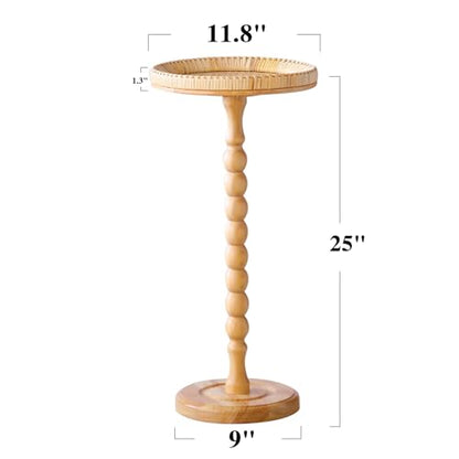 Small Side Table, Rattan Drink Table, Round Side Table for Small Spaces, Boho Circle End Table Coffee Table with Solid Wood Leg for Living Room, Pedestal Table for Bedroom, Corners - size: High: 25", style: Bohemian