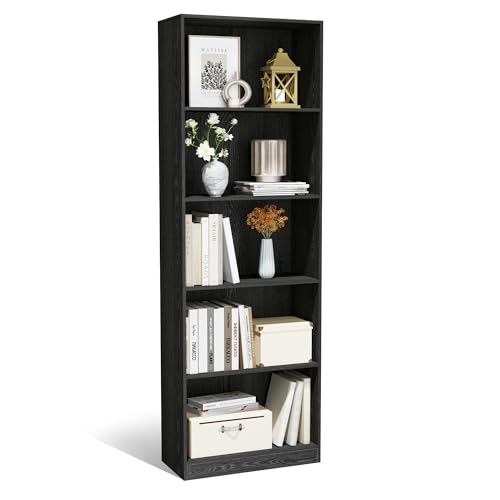 5 Tier Bookshelf, 71" Tall Bookcase Floor Standing, Large Wood Bookshelf with Anti-Tipping Device & Base, 5 Shelf Open Display Book Shelf for Living Room, Bedroom, Dining Room, Home Office - color: Black