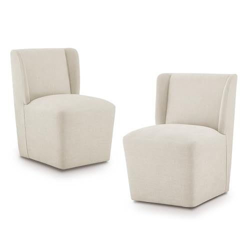 KISLOT Upholstered Dining Chairs Set of 2 with Casters, Wingback Modern Side Armless Deskchair with Rollers for Diningroom Bedroom Livingroom Reading Room, Cream Beige Fabric - color: A Cream Beige Fabric, size: Set of 2