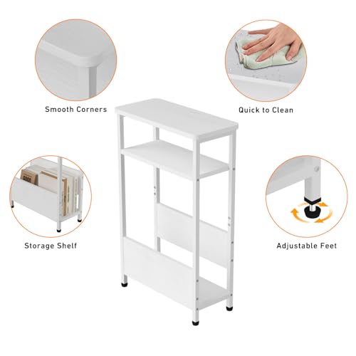 THUMEYE 7.1" Narrow Side Table for Small Spaces, 3 Tier Small End Table with Magazine Holder, Slim/Skinny Nightstand/Bedside Table for Living Room, Bedroom, 15.4" L x 24.2" H, White - color: White