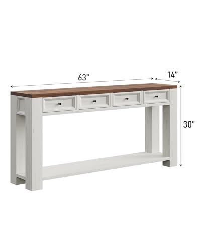 FUSOU 63 Inch Console Table, Sofa Table Behind Couch, Entryway Table with 4 Drawers & Open Shelf, Farmhouse Sofa Table for Living Room (White) - color: White