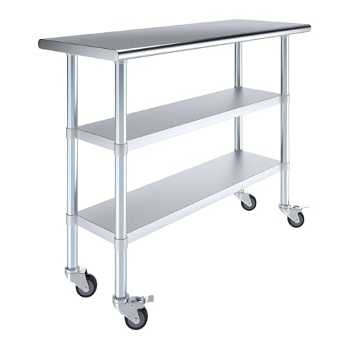 AmGood Stainless Steel Work Table with 2 Shelves and Casters | Metal Utility Table On Wheels (Stainless Steel Work Table with 2 Shelves + Casters, 48" Long x 18" Deep) - size: 48" Long x 18" Deep