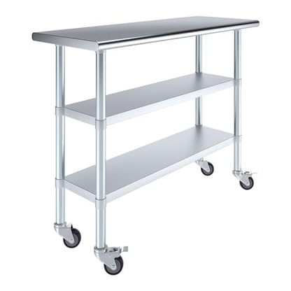 AmGood Stainless Steel Work Table with 2 Shelves and Casters | Metal Utility Table On Wheels (Stainless Steel Work Table with 2 Shelves + Casters, 48" Long x 18" Deep) - size: 48" Long x 18" Deep