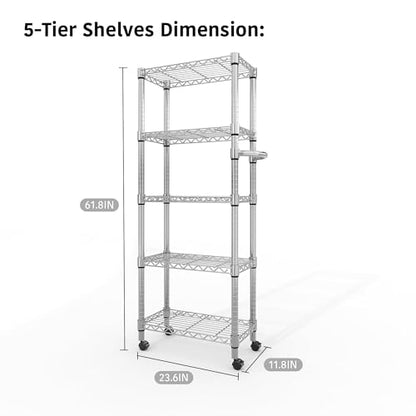 Garvee 5-Tier Storage Shelves Heavy Duty Metal Wire Rack Shelving, 1100 LBS Capacity Rolling Storage Rack with Wheels, for Living Room Pantry Kitchen Bedroom Organization - size: 61"H x 23.6"W x 11.8"D