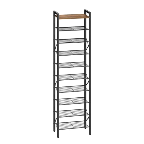 YATINEY 10-Tier Narrow Shoe Rack, Tall Shoe Rack for 10-20 Pairs, Slim Shoe Storage Organizer with Wooden Top, Space Saving, Metal Frame, for Entryway, Rustic Brown and Black SS68BR - color: Rustic Brown + Black, size: 16.5" x 10.4" x 67"