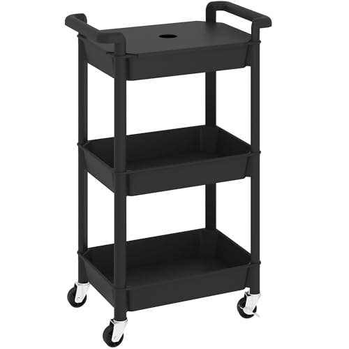 MIOCASA 3-Tier Utility Rolling Cart with Cover Top Board, Kitchen Storage Organization Cart with Wheels for Office, Classroom, Living Room, Kitchen, Bathroom, Black, Plastic - size: 3-Tier, style: Black