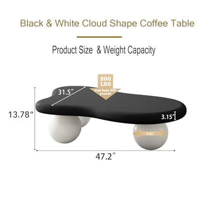 47.2" Cloud Coffee Table with 3 Ball Legs, Modern Irregular Center Table for Living Room, Low Cute Small MDF Tea Table for Bedroom, Space Apartment (Black White) - color: Cloud -47"black White