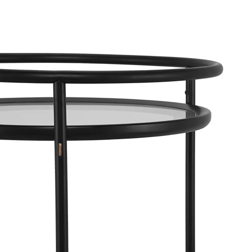 GDFStudio Modern Round Bar Cart with Dual Tempered Glass Shelves, Lockable Wheels and Gold Metal Accents, Rolling Beverage Serving Cart for Living Room, Kitchen or Dining Space,Black and Gold Finish - color: Black,gold