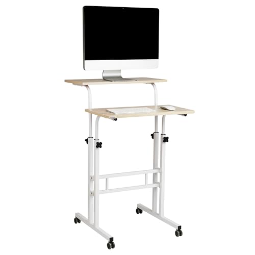 Mind Reader Standing Desk, Adjustable Height Laptop Workstation, Portable Rolling Desk on Wheels, Two-Tier Metal Frame, White - color: White