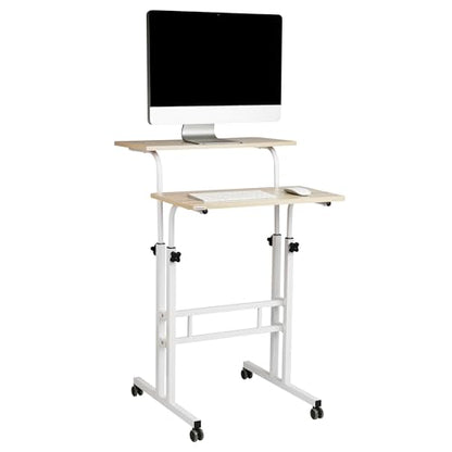 Mind Reader Standing Desk, Adjustable Height Laptop Workstation, Portable Rolling Desk on Wheels, Two-Tier Metal Frame, White - color: White