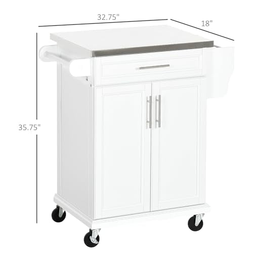 HOMCOM Kitchen Island on Wheels, Rolling Kitchen Cart with Stainless Steel Countertop, Drawer, Towel Rack and Spice Rack, Utility Storage Trolley, White - color: White
