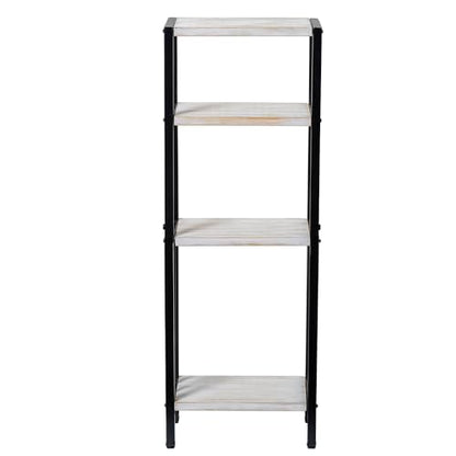 MyGift 4 Tier Shabby White Washed Solid Wood and Matte Black Metal Bathroom Floor Standing Shelf, Decorative Rectangular Bath Supplies Storage Shelving Stand