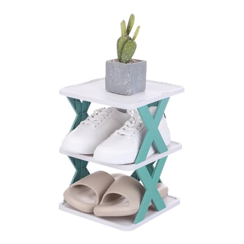 uxcell 3-Tier Plastic Shoe Rack, Vertical Shoe Rack Stackable Storage Organizer Folding Space-Saving Narrow Slot Shelf for Closet Livingroom Entryway Garage, Blue/White - color: Blue/White, size: 10.2x9.4x13.2 Inch