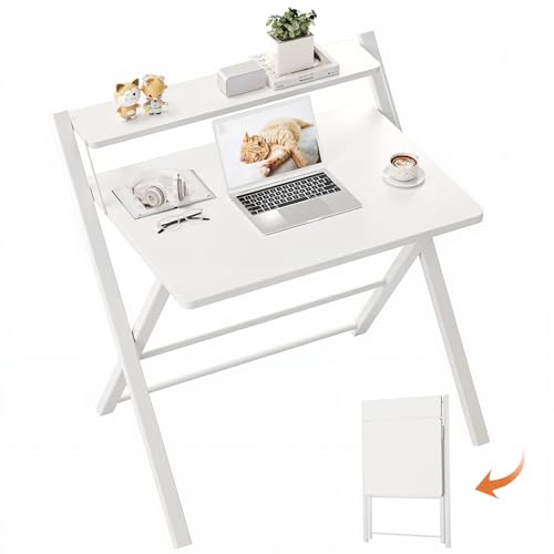 GreenForest Folding Desk No Assembly, Sturdy Computer Desk for Small Spaces | Portable Foldable Table for Laptop, 2-Tier Compact with Shelf, Space Saving for Home Office, Dorm, Apartment, 27"x 22" White - color: White, size: 22 x 27.3 inch