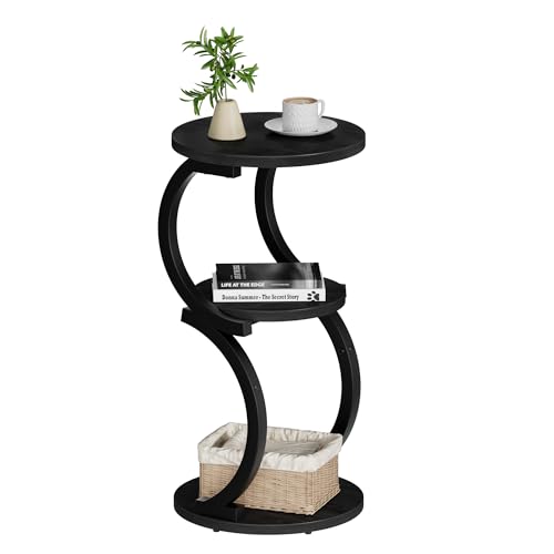 JUSTOGO Small Side Table, 3-Tier Round End Table for Small Spaces, Black | S-Shaped Accent Table, Living Room & Bedroom, Beside Sofa, Vintage Nightstand, Wood & Metal Frame, Open Storage - color: Black