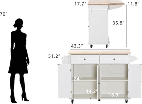 Kitchen Island with Drop Leaf, Rolling Mobile Kitchen Island on Wheels with Drawer and Storage Cabinet, Spice Rack, Towel Bar, White - size: 51.2" W, style: White