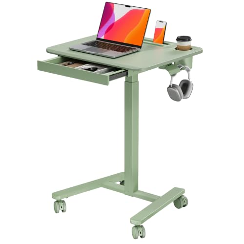 Small Mobile Standing Desk with Drawer, 23.6"x19.7" Rolling Laptop Cart on Wheels, Height Adjustable Sit Stand Computer Workstation with Storage for Compact Space, Sage Green - color: Green, size: 24"
