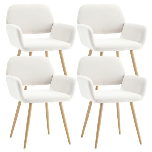 KCC Desk Chair No Wheels Makeup Vanity Chair for Living Room,Set of 4,Beige | Velvet Modern Dining Room Arm Chairs Mid-Century Accent Upholstered Club Guest Chair with Metal Tube Legs for Kitchen - color: Beige+velvet, size: Set of 4