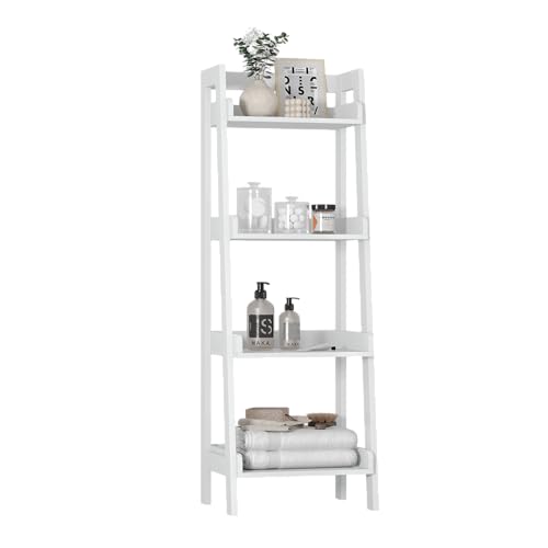UTEX 4-Tier Ladder Shelf, Freestanding Bathroom Shelf, Open Wood Shelving Unit, Bathroom Floor Ladder Shelf (White) - size: 4-Tier