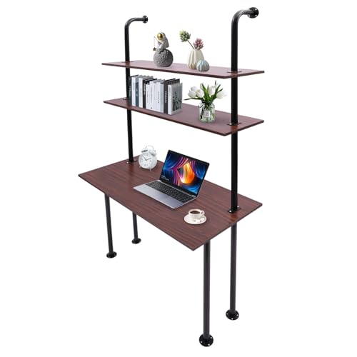 2-Shelf Industrial Wall Mount Ladder，Wall Mount Computer Desk Writing Desk,Industrial Bookcase Desk with Shelves，Floating Desk with Storage, Wall Table for Home Office, Brown (20"Dx30"Wx72.7"H) - color: Black/ Brown (39"w)