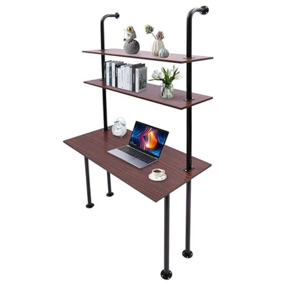 2-Shelf Industrial Wall Mount Ladder，Wall Mount Computer Desk Writing Desk,Industrial Bookcase Desk with Shelves，Floating Desk with Storage, Wall Table for Home Office, Brown (20"Dx30"Wx72.7"H) - color: Black/ Brown (39"w)