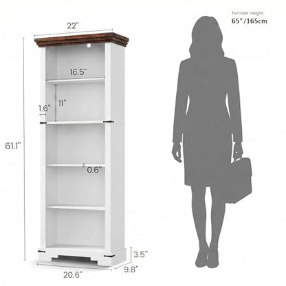5-Tier Farmhouse Bookshelf, 61.1 inch Tall Bookcase with Storage & Unique Design & One Adjustable Shelf, Wooden Bookshelf for Study Room, Living Room, Home Office, Bedroom (White) - color: White
