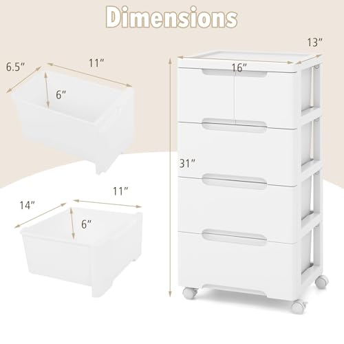 Plastic Storage Drawer Cart, Mobile Utility Cart, Home Craft Organizer with 5 Drawers & Lockable Wheels, Slim Rolling Storage Cart for Living Room, Bathroom, Dorm & Office (16”L x 13”W x 31”H)