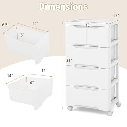 Plastic Storage Drawer Cart, Mobile Utility Cart, Home Craft Organizer with 5 Drawers & Lockable Wheels, Slim Rolling Storage Cart for Living Room, Bathroom, Dorm & Office (16”L x 13”W x 31”H)