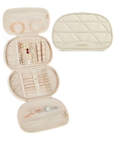 BAGSMART Travel Jewelry Case Jewelry Organizer Storage Roll Rings Necklaces Earrings Bracelets Brooches Watch Large Portable Beige - color: A-Beige, size: Medium