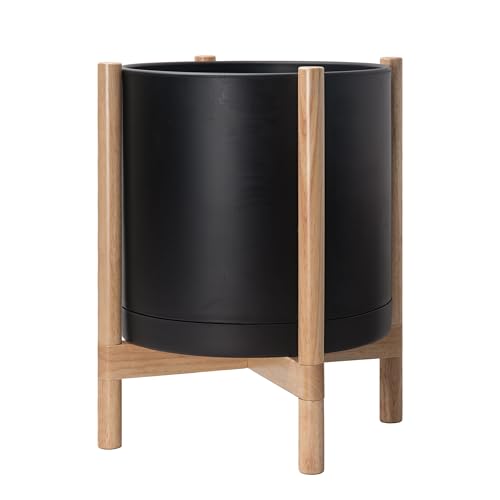 D'vine Dev Plastic Pot with Natural Wood Stand, Black, 16 in, 55-C-Y-2 | Mid-Century Inspired Design, Elevated Plant Display, Clean Lines, Sturdy Support, Modern Space-Saving Style - color: Matte Black Pot + Natural Stand, size: 16 Inch