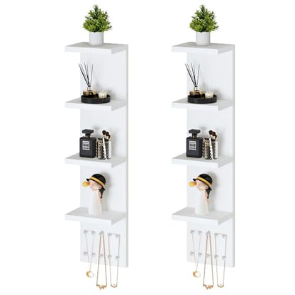 LitaEther 4 Tier White Lack Shelf Vanity Wall Shelf with 10 Crystal Hooks - Multi-Functional Storage for Makeup, Jewelry, Plants, Awards & Display (L7.1 x W5.5 x H30.7) (2)