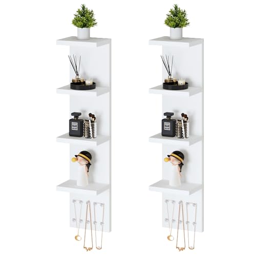 LitaEther 4 Tier White Lack Shelf Vanity Wall Shelf with 10 Crystal Hooks - Multi-Functional Storage for Makeup, Jewelry, Plants, Awards & Display (L7.1 x W5.5 x H30.7) (2)