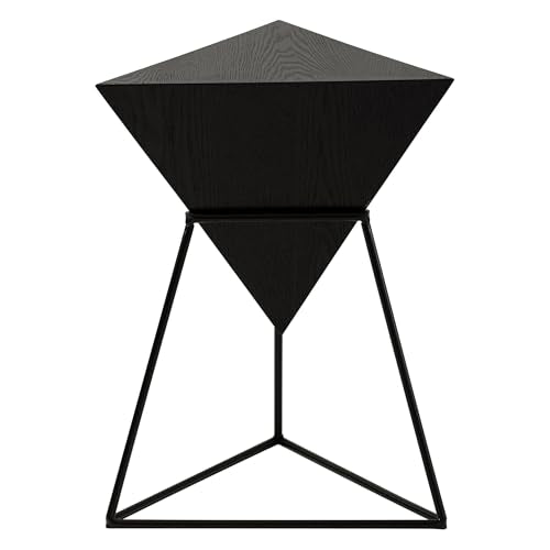 COZAYH Geometric End Table, Modern Side Table with Wooden Top and Metal Base Design, Unique Pyramid Plant Stand for Home and Living Room, Black - color: Black